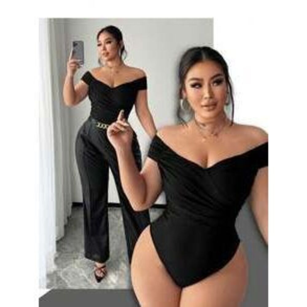 SHEIN SXY Plus Size Women Sexy Off Shoulder Criss-Cross Ruched Bodysuit, Suitab…